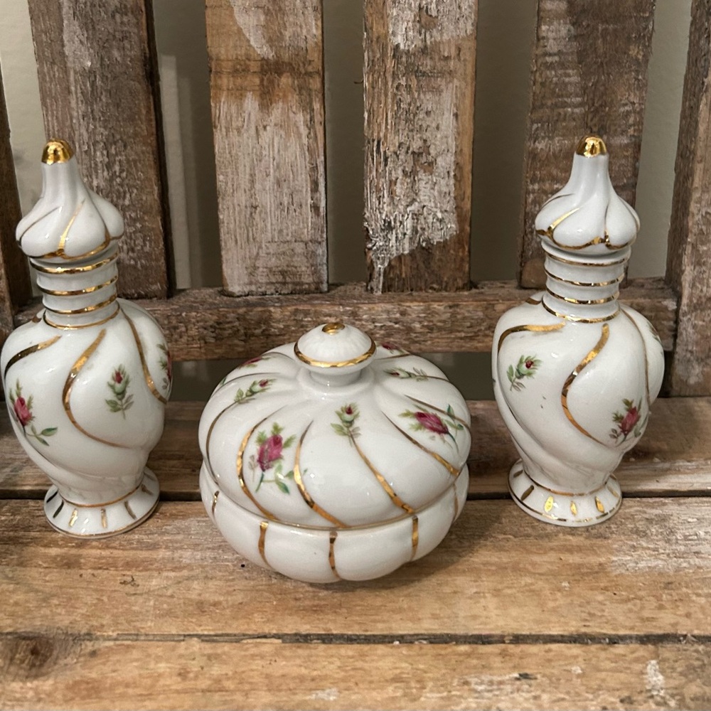 Set of 3 Vintage I.W. Rice Irice Porcelain Rose & Gold Trim Vanity Set